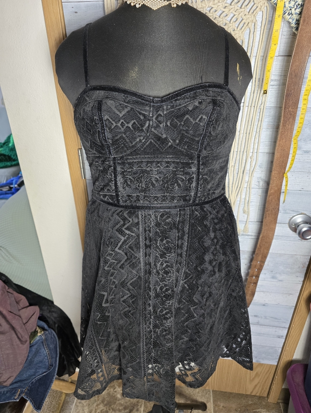 Y2k Hollister Bustier Black Velvet Dress Mini Lace Smocked Gothic Steampunk